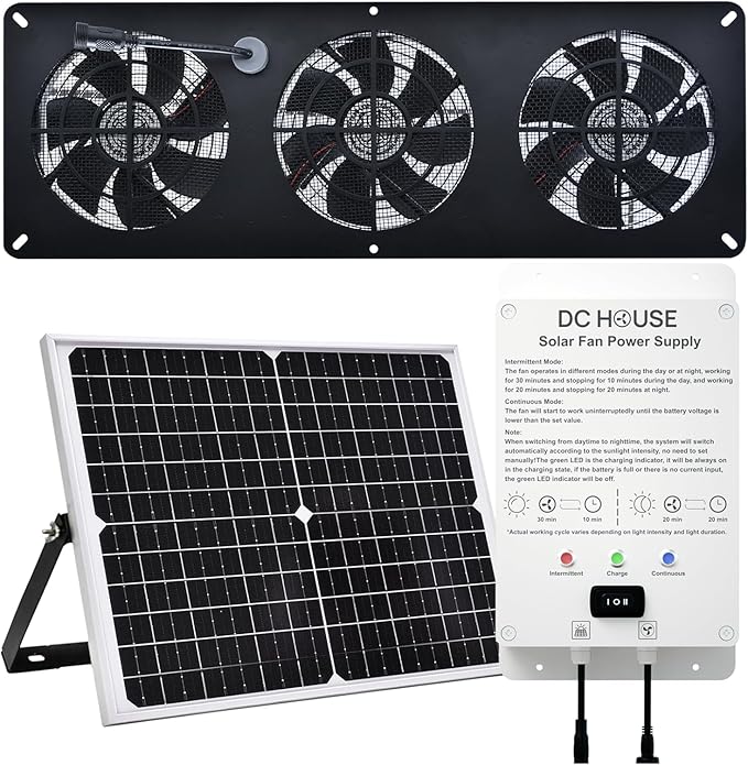 25W Solar Powered Exhaust Fan Kit with 12000mAh Lithium Battery Ideal for Chicken Coops Greenhouses Attics and Sheds 2600RPM 10ft Cord IP67 Waterproof Black