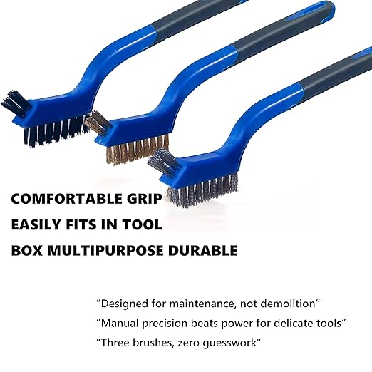 Wire Brush Set (3-Pack) for Precision Cleaning – Brass, Nylon & Stainless Steel Brushes for Rust Removal, Delicate Surfaces & Tight Spaces – 7-Inch Curved Handle