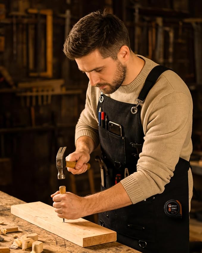 Heavy Duty Canvas Tool Aprons for Men: 6-Pocket, with Quick-Release Buckle, Ergonomic X-Cross Back, Adjustable Waist 28"–71", Mechanics Apron for Men, Ideal for Woodworking, Workshop, DIY & Carpentry