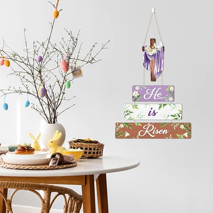 CHDITB Easter He is Risen Wooden Sign, Religious Cross Wooden Hanging Plaque, Spring Door Hanger, He is Risen sign, Faith Christian Wall Art Decor for Home Church Living Room Decoration