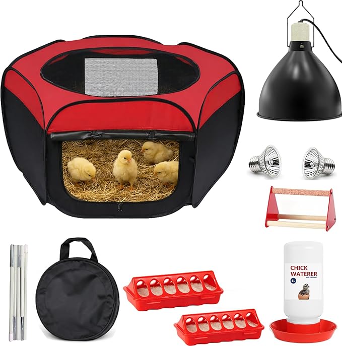 Chicken Brooder Box for Chick Starter Kit - 7 Pcs Chicken Feeder and Waterer Set with 75W Heat Lamp, Perch Stand to 15 Chicks, Duck, Quail