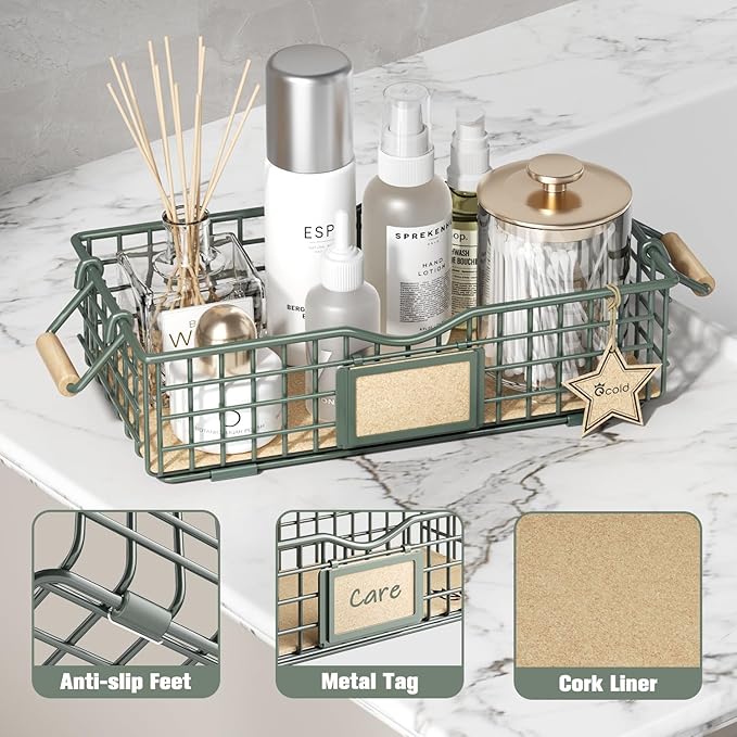 Bathroom Organizers and Storage, 4 Pack Storage Baskets for Shelves, Multipurpose Bins Organizer with Wooden Handles, Decorative Organizer Basket Set for Bathroom, Laundry, Living Room - Green