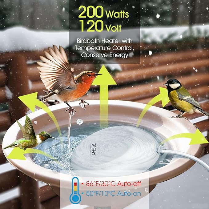 200W Bird Bath Heater for Outdoors in Winter, RIFNY Birdbath Deicer Water Heater Submersible for Bird Chicken Drinking with Thermostatically Control and Auto Shut-Off, Full-Covered Aluminum, 10FT Cord