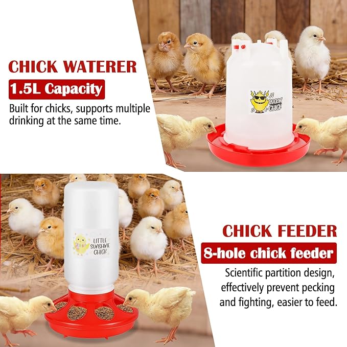 Chick Feeder and Waterer Kit with Chick Perch, Cool Chick Feeder and Waterer Set, Baby Chick Starter Kit with Chick Perch for Small Poultry Chicks Ducks Quail Pigeons Birds(RED)