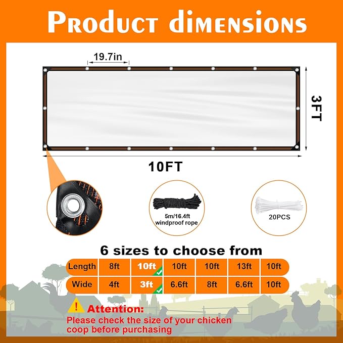NNG 3 x 10ft Waterproof Chicken Coop Cover for Winter,Anti-Tear Chicken Run Tarp with Rope & Cable Tie,Chicken Coop Insulation Windproof Winterizing Cover for Poultry Cage Patio Covering