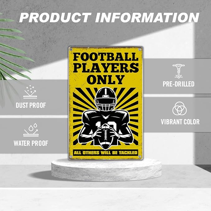 Football Players Only Metal Sign 8 x 12 Inch Funny American Wall Decor For Game Room Gym Bar Garage Sports Poster Decoration Athletes Coaches Fans Indoor Home Kitchen