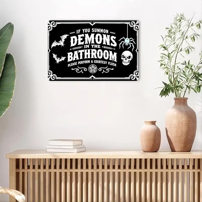 Demons Bathroom Rules Tin Sign Vintage Gothic Decor Metal Sign Print Aesthetic for Garden Yard Bar Porch Home Bedroom Kitchen Wall Decor Gift 8 X 12 in