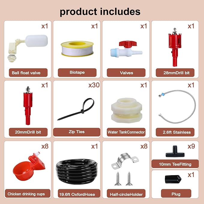 Automatic Chicken Watering System Including 8 Chicken Water Cups, 6 Meters Black Plastic Hose, Other Pipe Accessory, Float Valve Automatically dispenses Water, Making Poultry Feeding Easy
