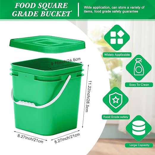 Mumufy 5 Pcs 3.5 Gallon Square Food Grade Bucket with Lid Square Bucket Pail Plastic Handles for Long Term Food Storage, Camping, Fishing, Home Organization Easy Stack and Store (Green)