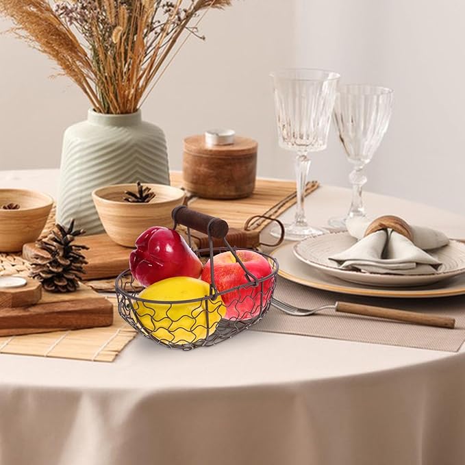 Wire Egg Basket Round Egg Collecting Basket with Wooden Handle for Farm Fresh Kitchen Decor