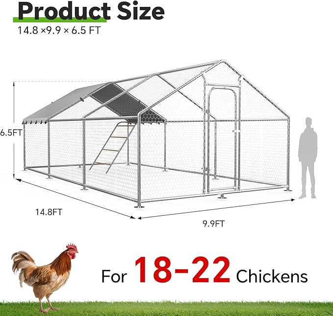 Large Metal Chicken Coop with Waterproof and UV-Resistant Cover,Chicken Run Outdoor Walk-in Cage Rabbit Duck Hen House for Yard Farm Use Spire Roof(10' L x 14.8' W x 6.4' H)