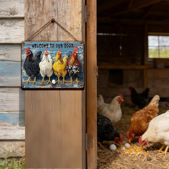 Chicken Coop Sign Welcome to Our Coop Vintage Metal Tin Sign for Chicken Accessories Indoor Outdoor Decor 12x8 Inch