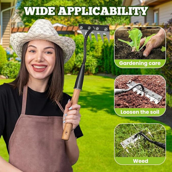 Detachable Gardening Hand Weeder Tool, Upgrade Garden Manganese Steel Weeding Rake Weed Puller Tool, Manual Weeder Claw Remover Tool Long Handle Weed Puller Tool for Farm Backyard (8 Tines)