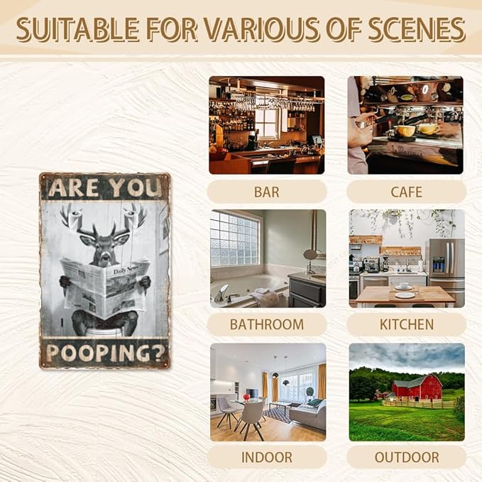 WADORN Funny Deer Vintage Metal Tin Sign, 8x12 Inch Are You Pooping Deer Retro Tin Sign Black and White Bathroom Wall Art Decor Plaque Gift for Home Bathroom Toilet Restroom Shower Room Washroom