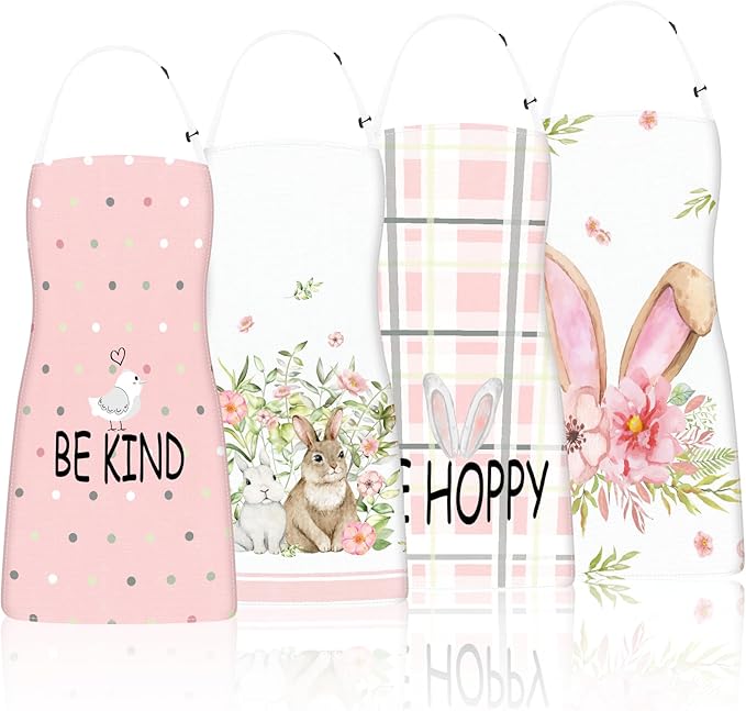 Easter Aprons Set of 4, Bunny with Easter Eggs Pattern Kitchen Aprons for Adults, Easter Decorations for Home, Bunny Gifts, Spring Table Decor