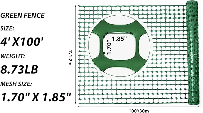 PotatoLife Plastic Mesh Fence Safety Fence, 2 Roll 4'x100' with 100 Zip Ties, Resuable Temporary Netting for Garden Fencing, Construction, Snow Fencing, Animal Barrier, Poultry, Deer, Patio, Green