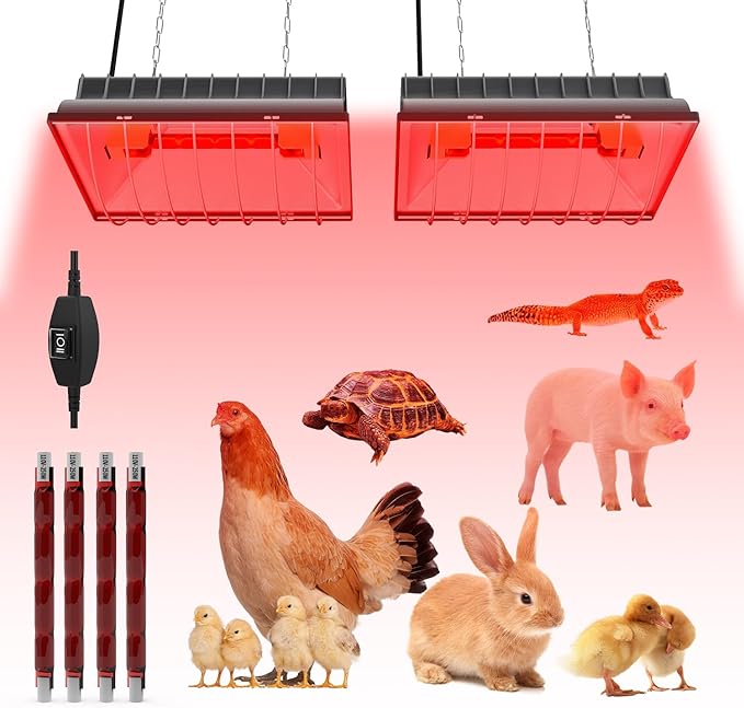 2 PACKS Chicken Coop Heater, Aluminum Brooder Heater Lamp for 30 Chicks or Duckling, 4*250 Watts Heating Plate Lamp Tube with 2 Adjustable Temperature & 8 feet Iron Chain for Amphibians Livestock, Pet
