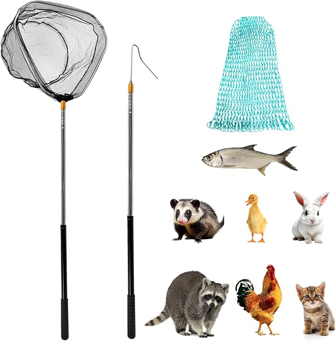 Poultry Net Chicken Catcher, with 2 Telescoping Poles, 2 Nets, and 1 Leg Hook, Farm Animal Capture Tool, for Small Cat Duck Goose Outdoor Animals Fishing Landing Net Handy Coop Accessories