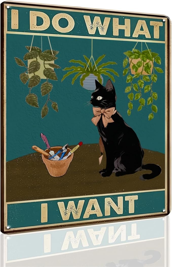 Cat Signs Gifts, I Do What I Want Cat Wall Art, 12x8 Inches, Tuxedo Cat Decor for Bedroom Garden Funny Cat Gifts