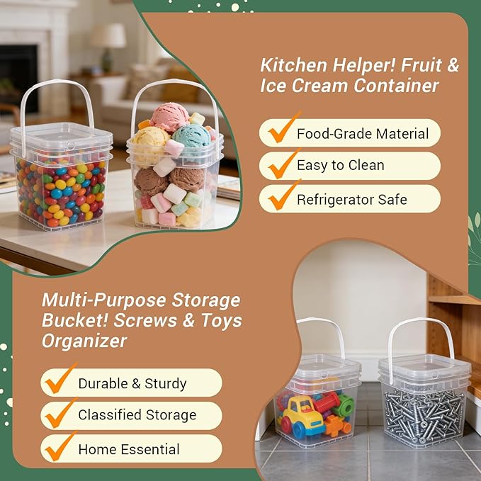 Food Storage Buckets with Lids - 4 Set Square Clear Plastic Containers, Airtight Pressure Seal & Handle for Kitchen Freezer Prep (Clear, 34 oz)