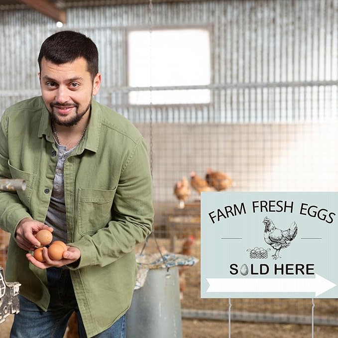 Soaoo 5 Pcs Farm Fresh Eggs Sold Here Sign 16 x 12 Inch Double Sided Fresh Eggs for Sale Sign Corrugated Plastic Chicken with Stakes Easter Egg Sale Signs for Indoor Outdoor Yard