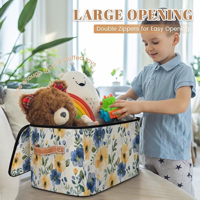 Watercolor Wildflowers Storage Bins with Lids, Blue Yellow Floral Fabric Storage Boxes with Zipper, Collapsible Decorative Closet Organizer Cube for Clothes, Organizing, Shelves