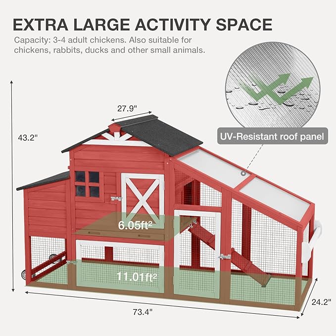 Chicken Coop with Wheels Wooden Outdoor Chicken House Easy Cleaning with Nesting Box, Deeper Leakproof Pull-Out Tray and UV Proof Panel Roof - Reinforced Version - Red
