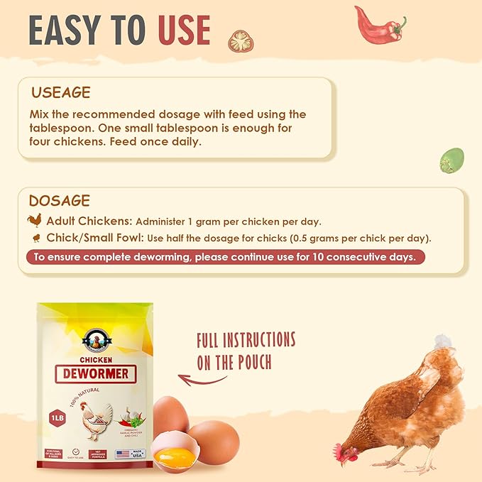 Natural Chicken Dewormer Powder, Chili Mix Formula, 1LB XL Pouch, Poultry Wormer for Laying Hens, Egg Safe, Gut Health Support, Made in the USA for Backyard Flocks