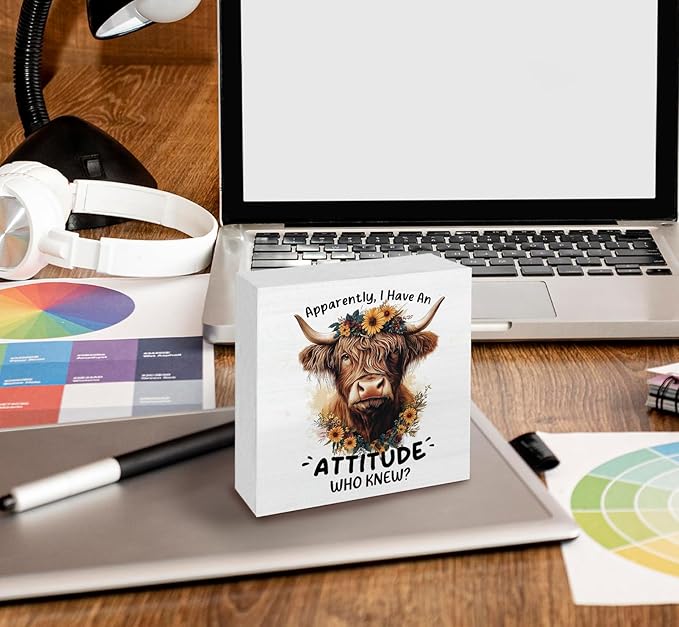 Highland Cow Sign, Farm Cottagecore Animal Office Kitchen Bedroom Decor, Apparently I Have an Attitude Who Knew Wooden Box Signs, Apparently Highland Cow Gifts for Women Men 5x5 in