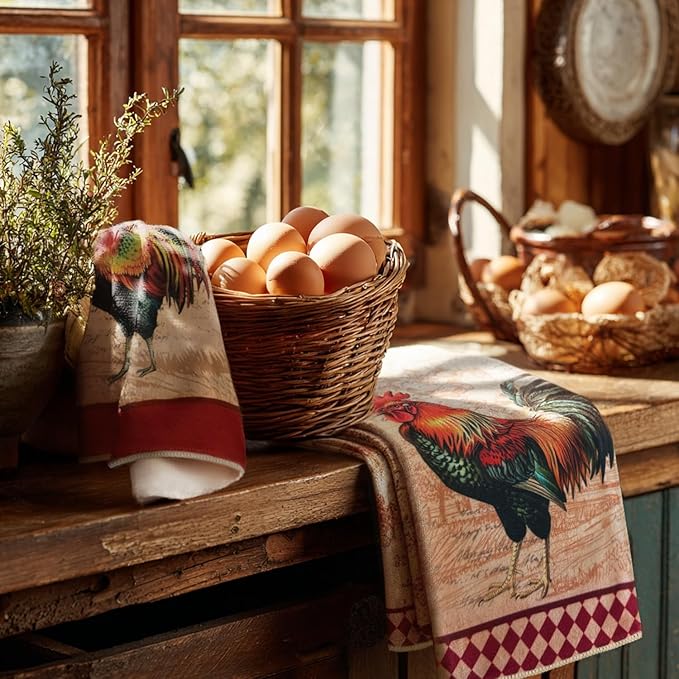 4 Pcs Kitchen Towels Decorative Set Chicken Rooster Dish Towels, Vintage Rustic Tea Cloth Decor, 27.5x20 Inch Farmhouse Absorbent Decoration Hand Towels (Rooster)
