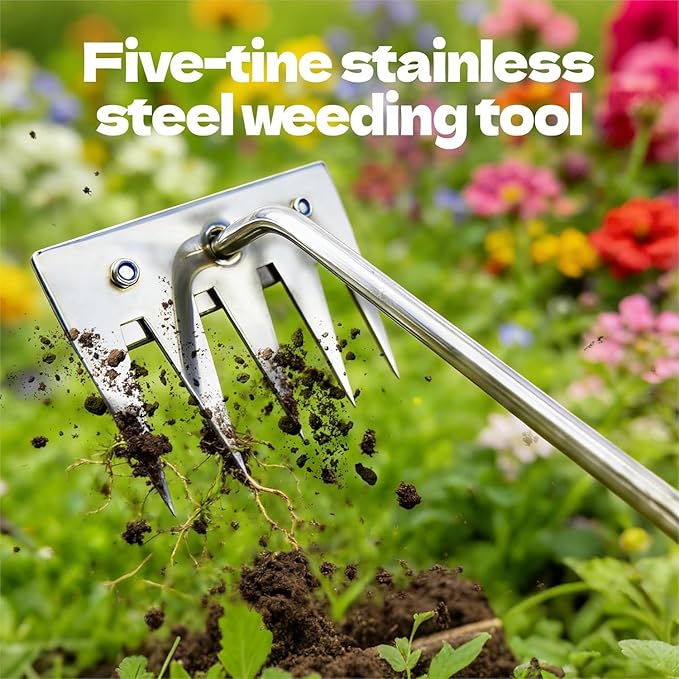 Weed Puller Tool, 2026 Portable Manual Weeding Tools Gardening, 5 Teeth Head Stainless Steel Hand Garden Weeding Rake, Weed Remover Tool for Gardening Backyard Yard Farm Planting Weeding