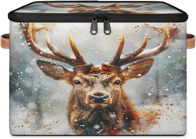 Storage Cubes with Lid Fabric Storage Bins Boxes PU Leather Handles, Elk Moose Wild Animals Closet Organizer Container Foldable Washable Shelf Cloth Basket, Christmas Day