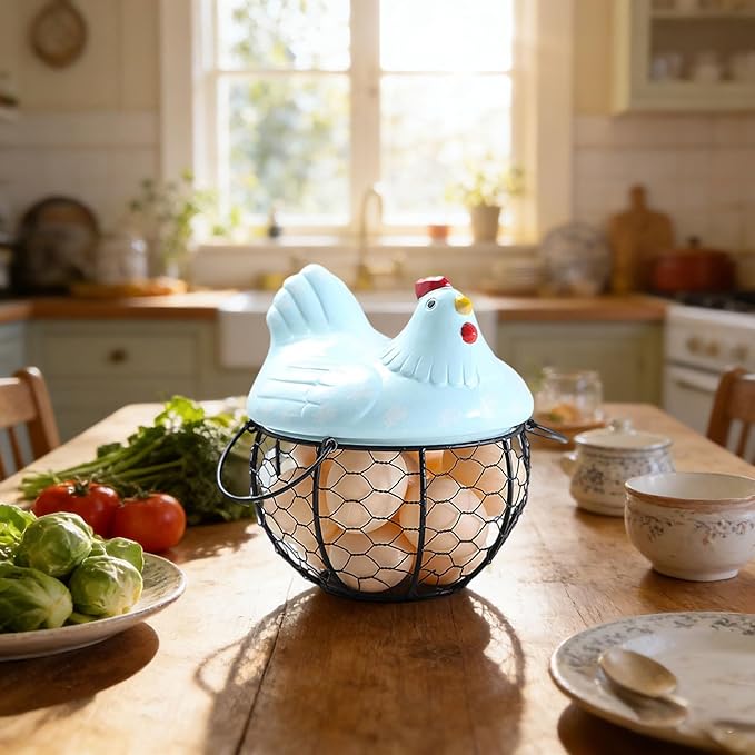 Egg Storage Organizer for Kitchen Countertop, Ceramic Chicken Lid with Wire Basket Dispenser, Black Chicken Egg Holder for Fresh Eggs, Rustics Egg Dispenser Rack for Farmhouse Decor (Blue)
