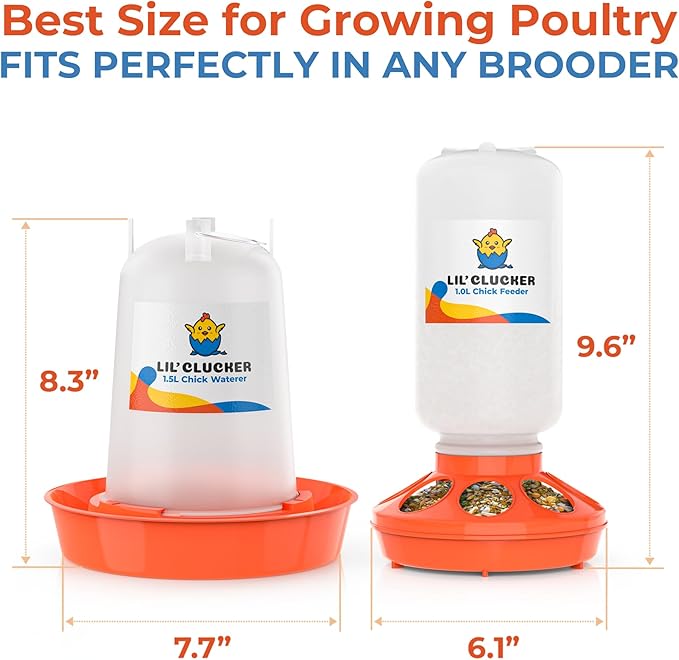 Lil'Clucker 1L Chick Feeder, 1.5L Chicken Waterer - No Leakage Chick Feeder and Waterer Kit, Hanging Baby Chick Waterer, Durable Chicken Water Feeder, Chicken Feeder and Waterer Set, Poultry Waterer
