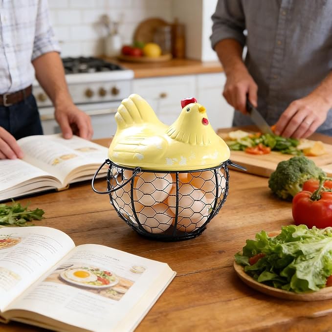 Egg Storage Organizer for Kitchen Countertop, Ceramic Chicken Lid with Wire Basket Dispenser, Black Chicken Egg Holder for Fresh Eggs, Rustics Egg Dispenser Rack for Farmhouse Decor (Yellow)