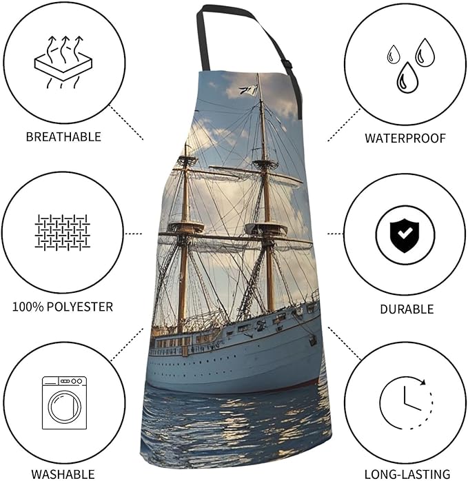Waterproof Apron Adjustable Bib for Women Men Vintage Nautical White Ship Cooking Aprons Chef Bibs with 2 Pocket