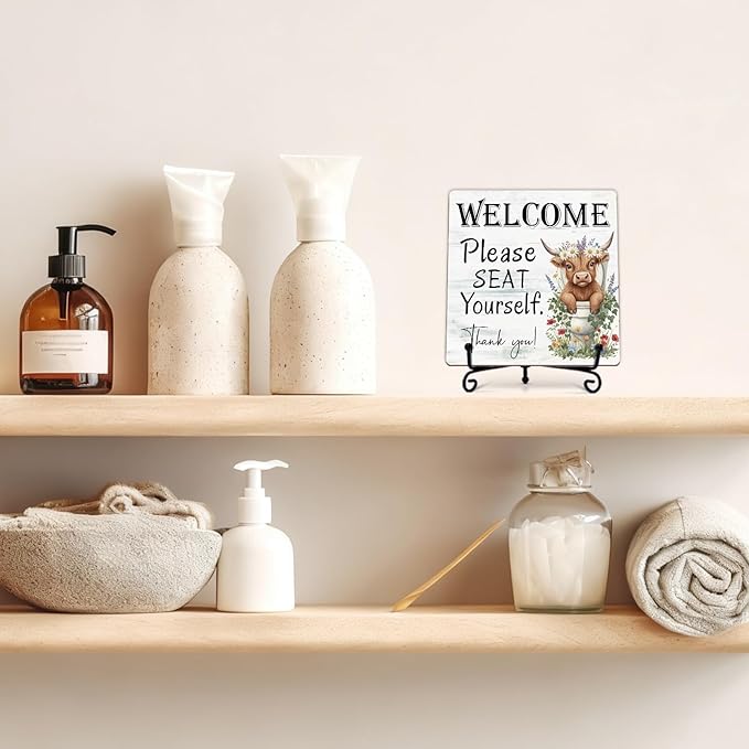 Funny Highland Cow Bathroom Decor, Cow Gifts for Women, 5 Inch Rustic Wooden Plaques for Farmhouse Restroom, Welcome Please Seat Yourself Thank You Sign - A03