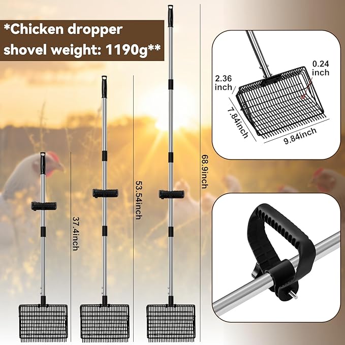 2 Rake Heads Chicken Coop Scoop 2 in 1 Metal Grid Chicken Poop Scooper 37.4 to 68.9 Inch Adjustable Stainless Steel Handle with Ergonomic Grip Farm and Poultry Litter Scoop with Gloves