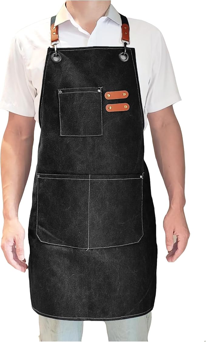Chef Apron with Large Pockets for Women Men, Cotton Canvas Cross Back Water Repellent Adjustable Work Apron