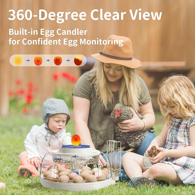 18 Egg Incubator with Incubation Day & Humidity Display, 2 Egg Trays, Automatic Egg Turning, Egg Candler, Automatic Refill, Adjustable Air Vent, for Chicken, Quail, Duck, Turkey & Goose Eggs, Lab