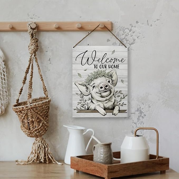 Welcome Sign for Front Door - Farmhouse Decor, Pig Decor,Welcome to Our Home Wood Hanging Front Door Porch Sign, Front Door Welcome Sign, 8x10 Inch