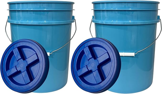 House Naturals 5 Gallon Made in USA Food Grade Plastic Bucket with Blue Screw On Air Tight Double Gasket lid, (Pack of 2)