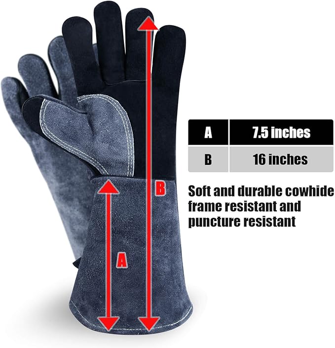 932℉ Grill BBQ Gloves 16-inch Heat Resistant Leather Forge Welding Glove with Flame Retardant Long Sleeve and Insulated Lining for Men and Women Black-Gray