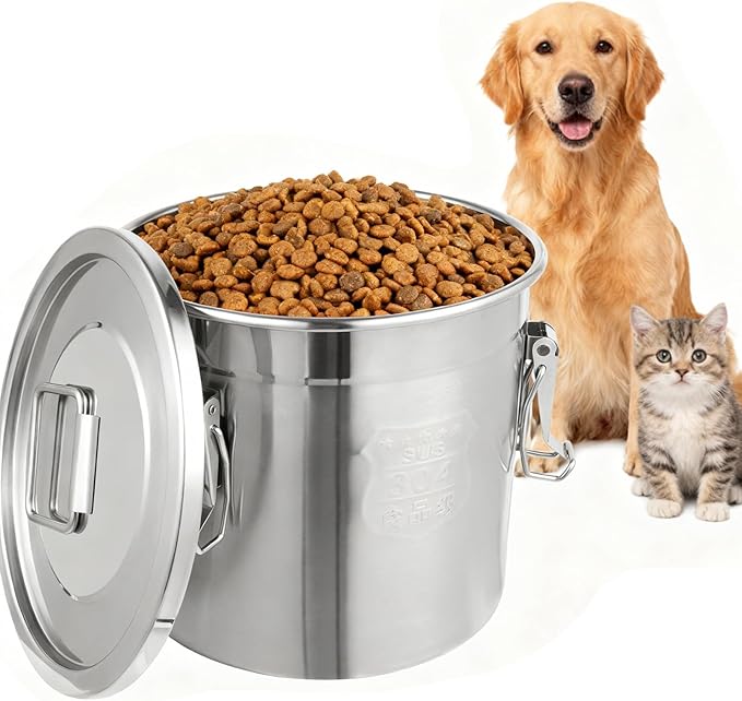 Stainless Steel Dog Food Storage Containers with Airtight Lid and Locking Clamp, Fits up to 12Lbs, Large Pet Food Storage Container Metal Pet Food Bin for Dogs, Cats & Birds Seed, Keep Fresh