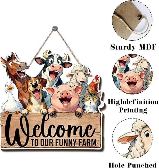 Farmhouse Wall Decor, Welcome to Our Funny Farm Animal Sign, Rustic Wood Hanging Plaque, Cartoon Watercolor Style Wall Art Painting for Porch Entryway Kitchen or Bedroom, 10.2x9.8 Inches