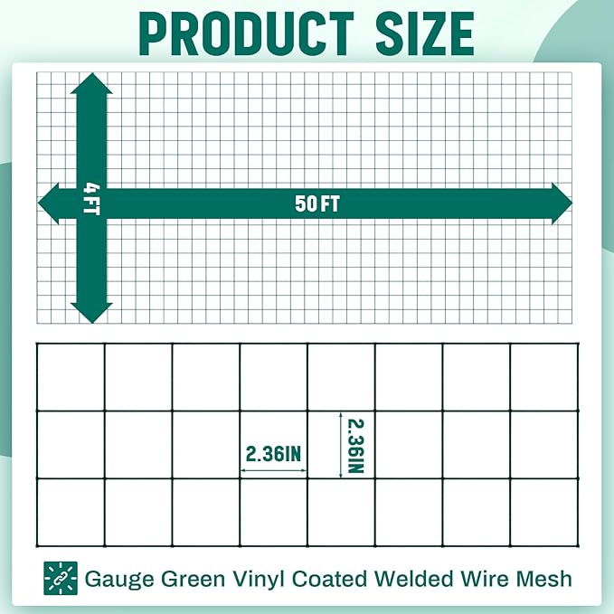 Gisafai Galvanized Welded Wire Fence 4 ft X 50 ft for Dog Chicken Hog Deer Goat Cattle 16GA Garden Border PVC Coated Fencing Roll Border Yard Vegetable Plant Animals Protection Poultry Netting(Green)
