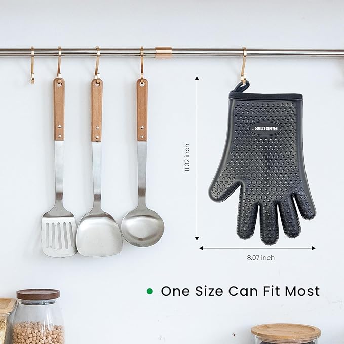 Silicone BBQ Cooking Gloves with Meat Smoker Guide，Heat Resistant Oven Mitts with Fingers，Long Protective Cotton Lined Barbecue Grilling Gloves 1 Pair for Kitchen, Cooking, and Baking Gifts (Black)