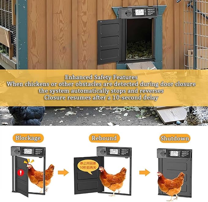 Automatic Chicken Coop Door Solar Powered with Timer, Light Sensor, Remote Control, LCD Display, Aluminum Alloy, Automatic Chicken Coop Door Chicken House Door Anti-Pinch Weatherproof