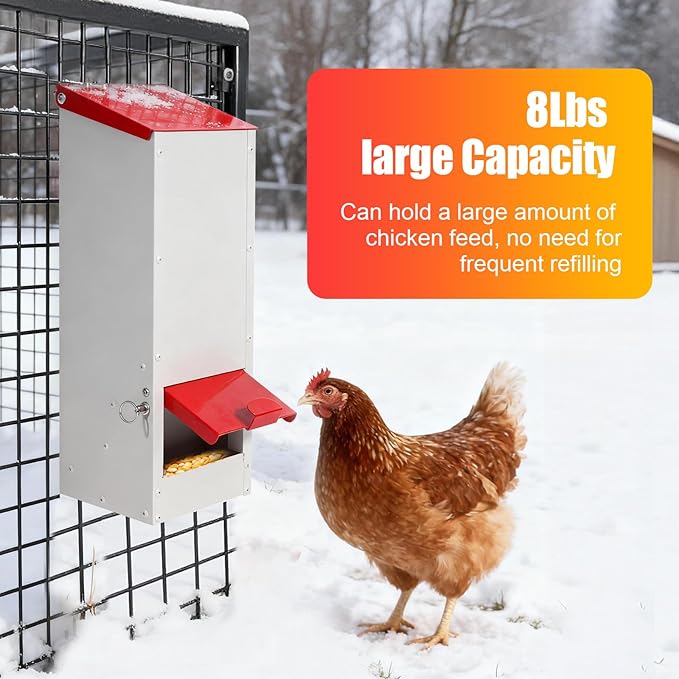 Metal Chicken Feeder No Waste Oyster Shell Feeder 8lbs Hanging Poultry Feeder Automatic Gravity Chicken Food Dispenser with a Lockable Rain Cover