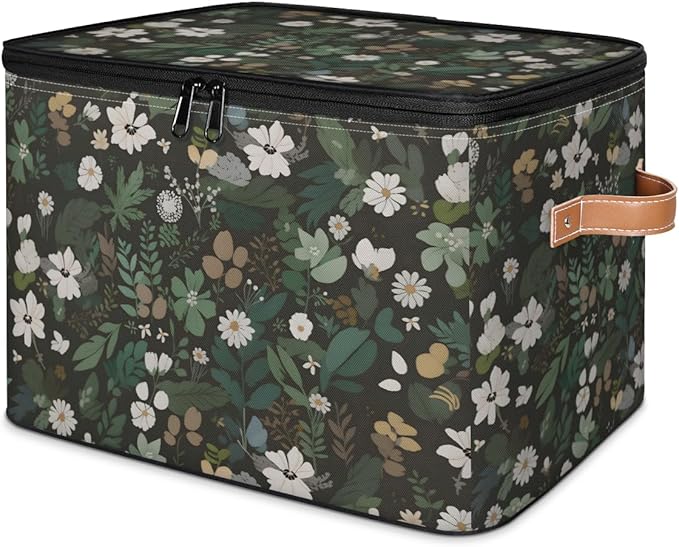 Boho Wildflowers Storage Bins with Lids, Sage Green Leaves Fabric Storage Boxes with Zipper, Collapsible Decorative Closet Organizer Cube for Clothes, Organizing, Shelves